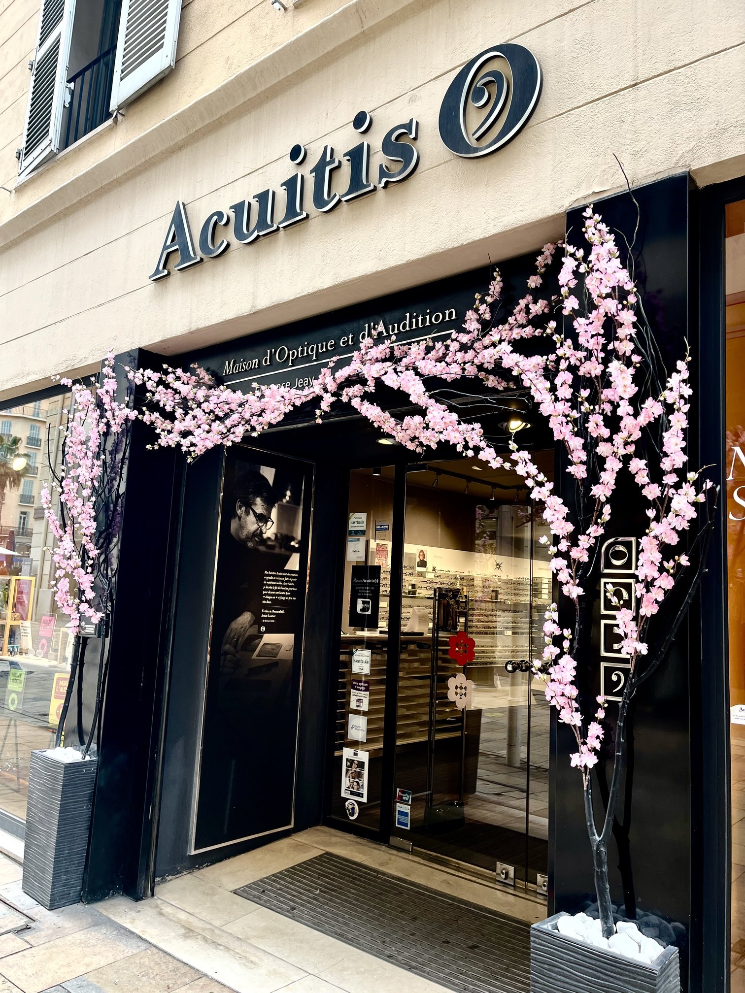 Façade du magasin d'optique Acuitis à Toulon ornée de branches de cerisier artificielles fleuries